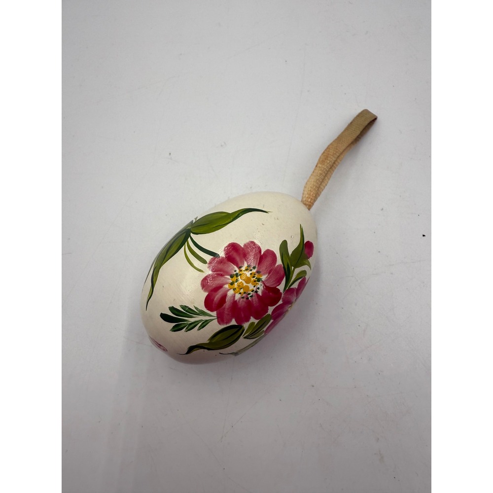 Vintage Hand‎ Painted Wooden Easter Egg Ornament Pink Floral Folk Art Cream 2.5"